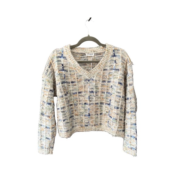 Anthropologie x Storia Textured Ivory Blue Green Gold Knit Cropped Sweater S NWT - Picture 2 of 13